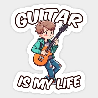 A boy playing his favourite guitar Sticker